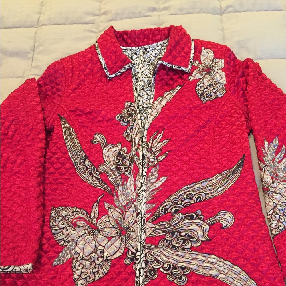 Red satin quilted Asian style jacket. Size medium